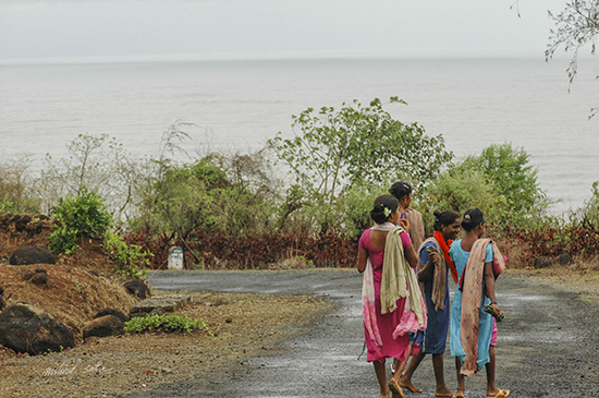 painting by Milind Sathe - Women on a coastal road in Kokan