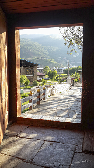 painting by Milind Sathe - Looking out from Paro Dzong