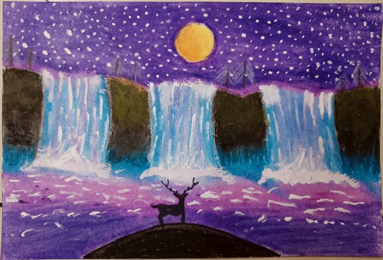 Moonlight waterfall drawing, painting by Drashy Shah