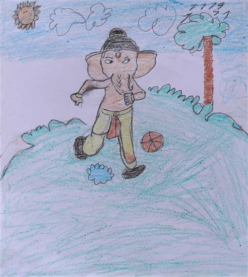 Ganesha playing football, painting by Narayan Dukare