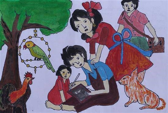 Children busy in study, painting by Chhaya Dandekar