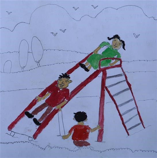 Children enjoying slide, painting by Prathamesh Uike
