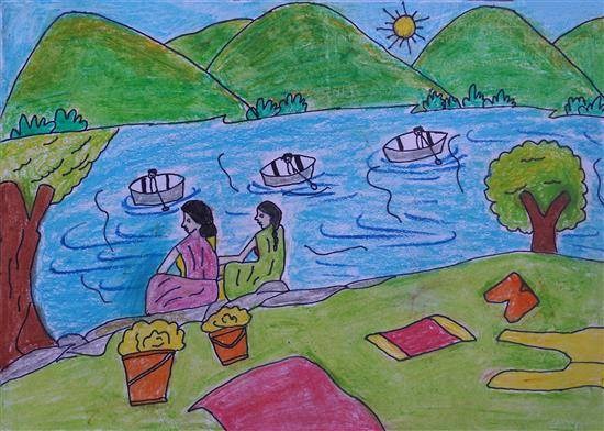 Women sitting near river bank, painting by Saniya Kulmethe