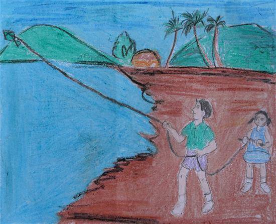 Painting  by Sujal Jivtode - Siblings playing kite