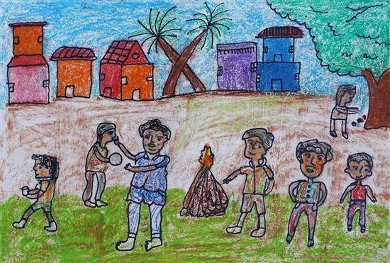 Children celebrating Holi, painting by Rohini Jumnake