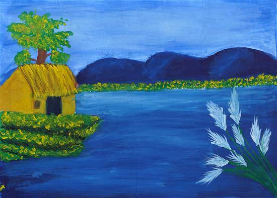 Painting  by Tanmaya Dhanap - Evening at river bank