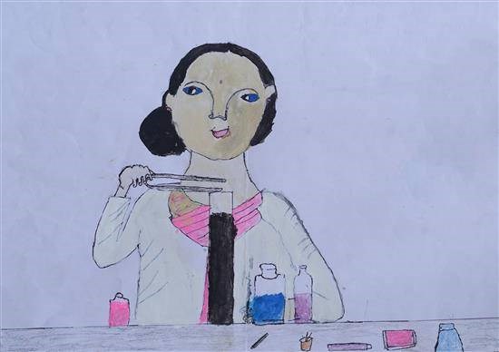 Girl studying Science experiment, painting by Bhavesh Balashi