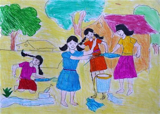 Girl playing Holi, painting by Ujwala Mali