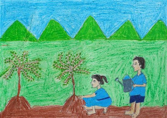 Children planting trees, painting by Pratiksha Guhe