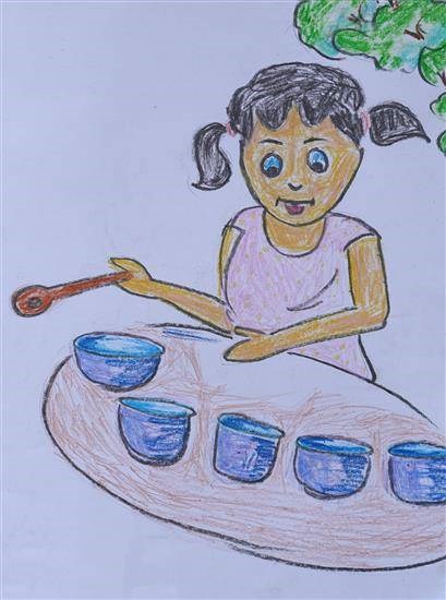 Girl having food, painting by Manju Holi