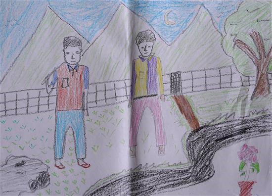 Two boys, painting by Arjun Madavi