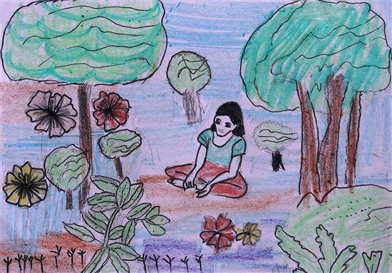 Girl sitting in garden, painting by Neharika Mayyami