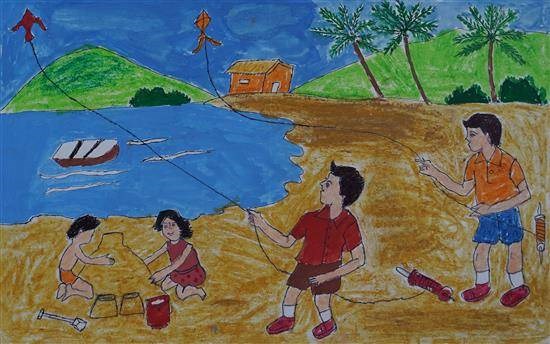 Children playing Kite, painting by Yashoda Bhale