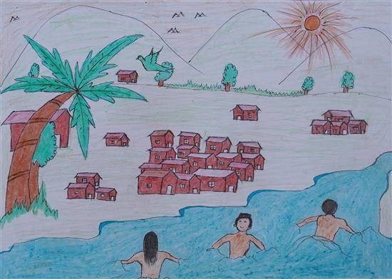 Children swimming in river, painting by Pushkar Bhoye