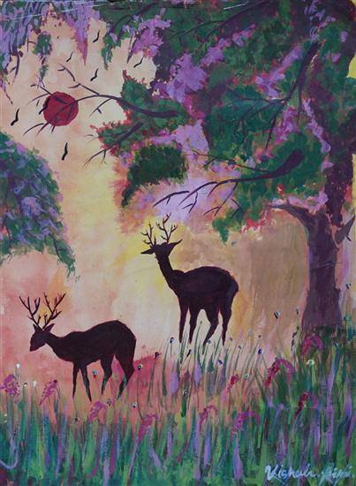 Painting  by Vishal Pagi - Stags in forest