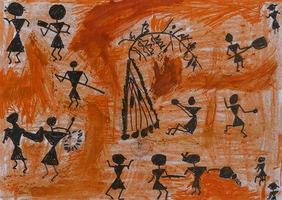 Tribal people enjoying Holika Dahan, painting by Maya Darode