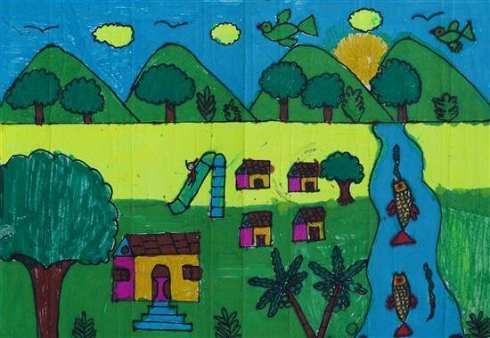Environment in village, painting by Tejaswini Wagh