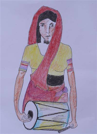 Painting  by Madhuri Savate - Drum player lady