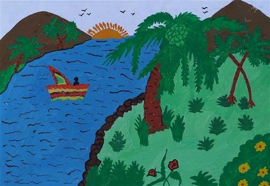Voyage through river, painting by Radha Kallo