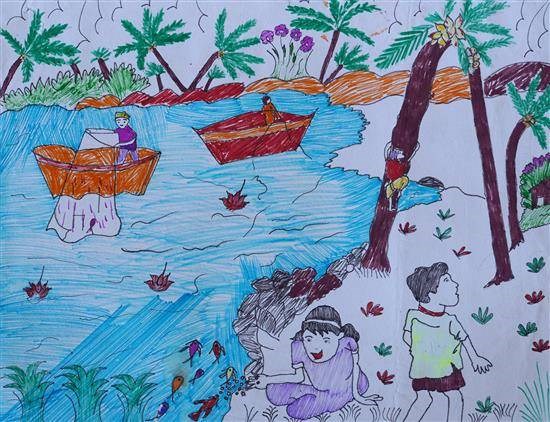 Joy at river bank, painting by Mohini Nareti
