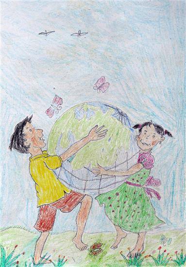 Painting  by Puja Koreti - Siblings holding Earth