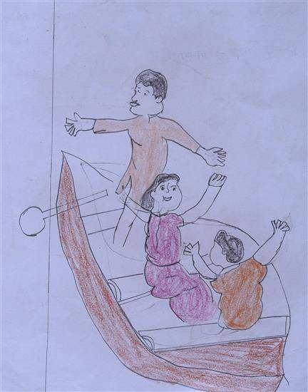 Painting  by Rina Netam - Children enjoying boat journey