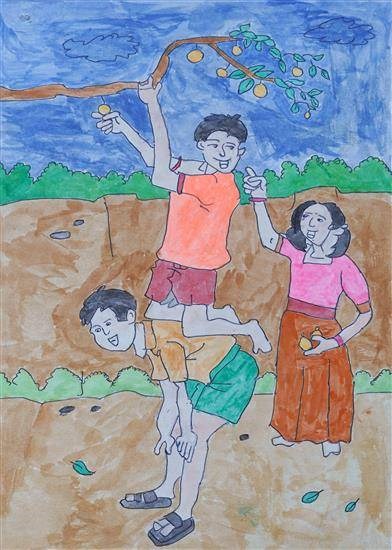 Friends plucking fruits, painting by Sakshi Gaikwad
