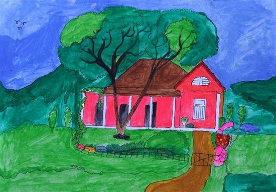 Tree surrounded home, painting by Pragati Bhavari