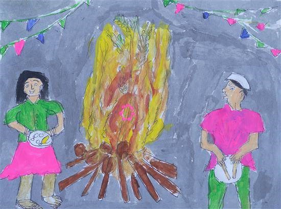 Holika Dahan festival, painting by Aarti Jadhav