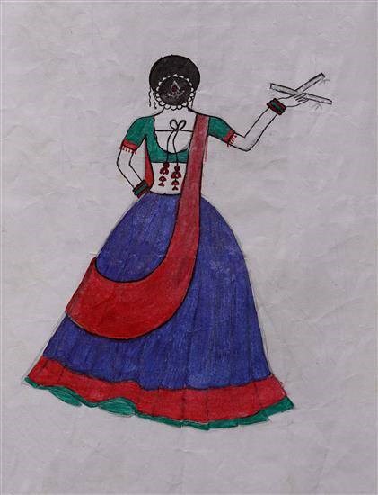 Girl holded dandiya, painting by Divya Dhurve