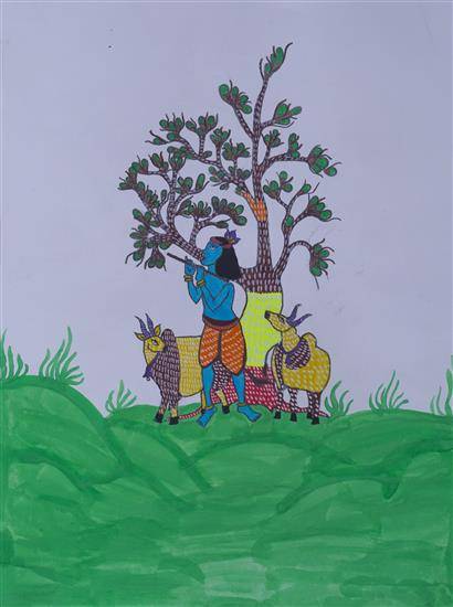 Painting  by Choti Akhande - Krishna playing Bansuri
