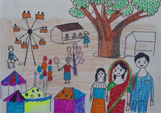 Family enjoying fair, painting by Riya Jamunkar