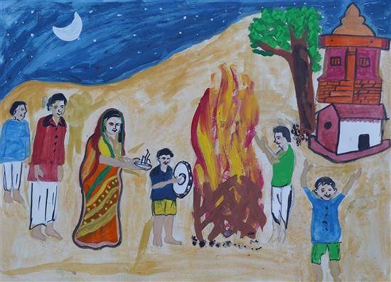 Family worshiping Holi, painting by Vilas Mawaskar