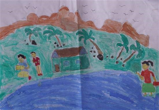 Children sitting at riverside, painting by Mahesh Uike