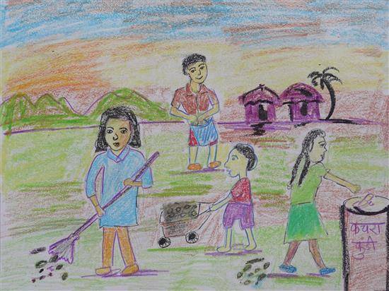 Painting  by Mamata Bhaisata - Children cleaning ground