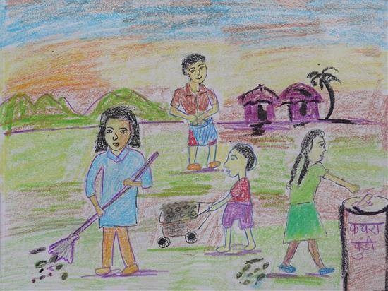 Children cleaning ground, painting by Mamata Bhaisata