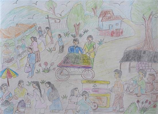 Crowd in market, painting by Sita Halami