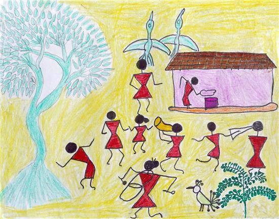 Dancers in tribe, painting by Monika Potavi