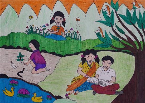 Friends enjoying holidays, painting by Lata Gaikwad
