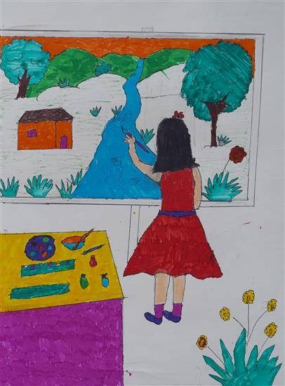 Girl painting landscape, painting by Punam Gavit