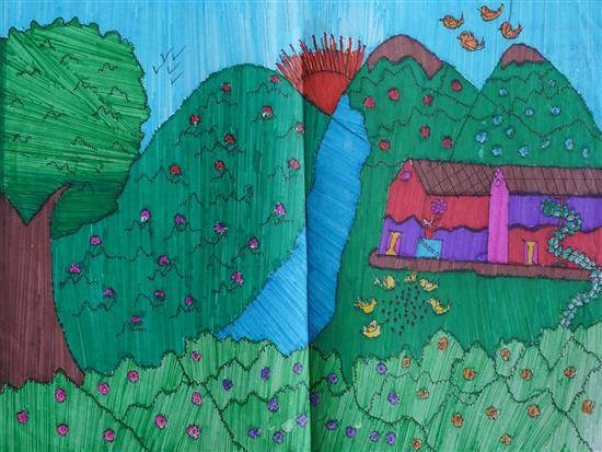 Green mountain, painting by Vaishali Gangurde