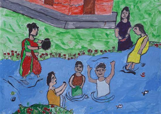 Painting  by Bharati Mawaskar - Boys enjoying cool water