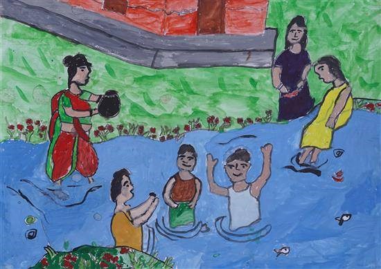 Boys enjoying cool water, painting by Bharati Mawaskar