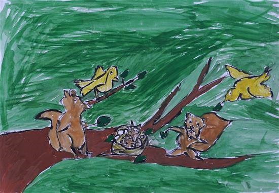Squirrels and Birds, painting by Rohan Sawalkar