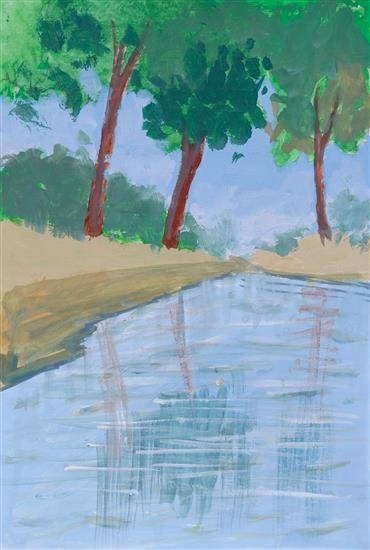 Trees at river bank, painting by Shubhangi Thakare