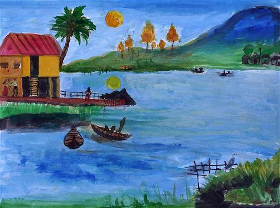 Boats in water, painting by Tanisha Wetti