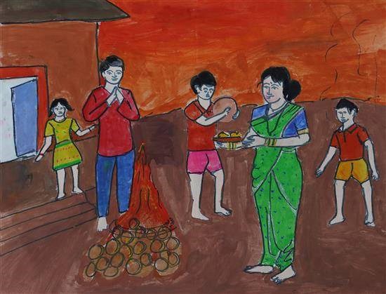 Family celebrating Holika dahan, painting by Avinash Keram