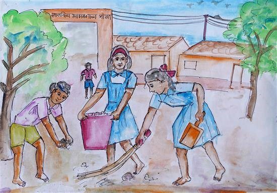Students cleaning school premises, painting by Nandini Gadekar