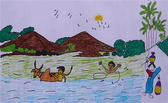 Painting  by Gajanan Kalaskar - Bath in river