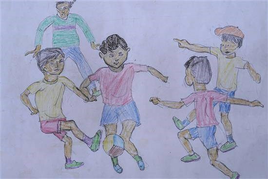 Children playing with foot ball, painting by Aadesh Aarake